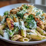Savory High Protein Rotisserie Chicken Broccoli Pasta topped with fresh parsley and extra Parmesan beside a rustic bread slice.
