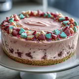 A whole Candy Hearts Fake Cake sits on a white plate, layered with whipped cream frosting and a pastel crown of crunchy candy hearts.