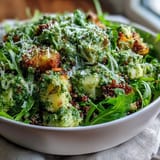 Colorful Arugula Pesto Bowl featuring zucchini and bell peppers tossed in vibrant pesto.