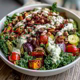 Hearty Kale Salad Bowl with roasted vegetables, bright cherry tomatoes, and pepitas, ready to serve as a vibrant vegan main.