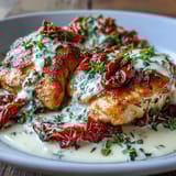 Creamy Tuscan Chicken with Sun-Dried Tomatoes served in a skillet with spinach and basil