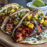 Colorful grilled salmon tacos topped with vibrant mango salsa and crisp red cabbage.  