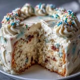 Fluffy funfetti cake layered with rich funfetti dip, decorated with cheerful sprinkles for a festive spring celebration.  