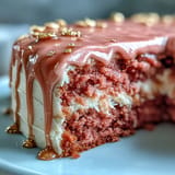 Close-up of a Bridal Shower Rosé Velvet Cake, showcasing its delicate crumb and rich frosting.