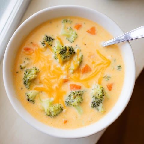 Creamy broccoli cheese soup steaming in a white bowl, topped with extra cheddar and served with crusty bread.