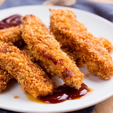 Freshly fried golden-brown Chicken Tenders resting on a wire rack, with a small dish of smoky barbecue sauce for dipping.