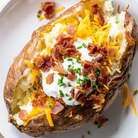 A plated loaded baked potato with fluffy interior, butter, shredded cheese, and crispy bacon crumbles.