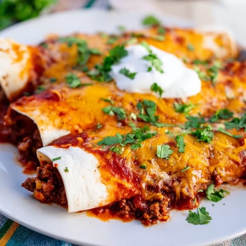 Golden baked Beef Enchiladas served with a dollop of sour cream and fresh cilantro garnish.