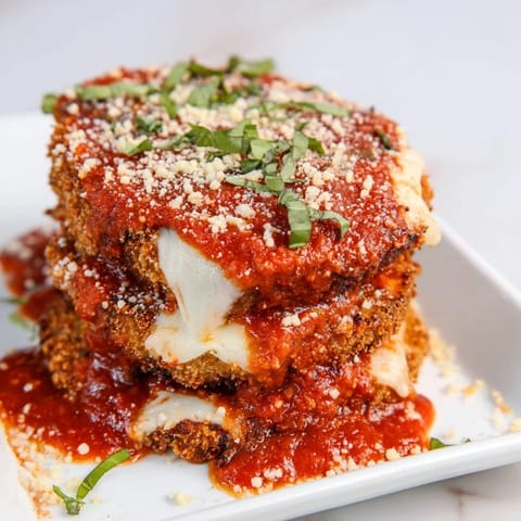 Serving of homemade Eggplant Parmesan topped with fresh basil, ready to be enjoyed with a green salad.
