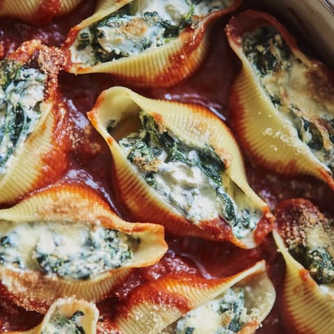 Golden-brown Stuffed Shells straight from the oven, generously topped with melted cheese and fresh basil for a cozy dinner.