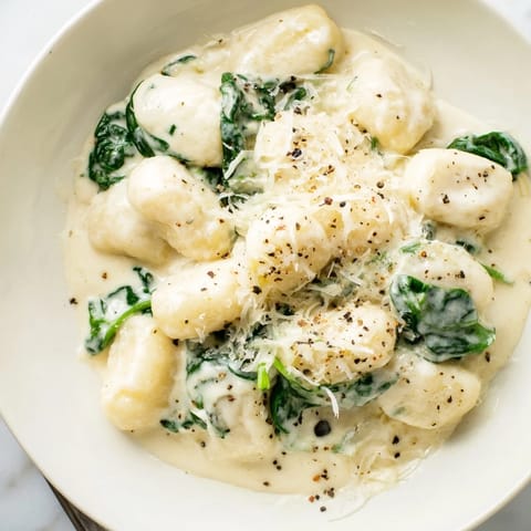 A close-up of Creamy Garlic Gnocchi, golden sauce clinging to tender potato dumplings.
