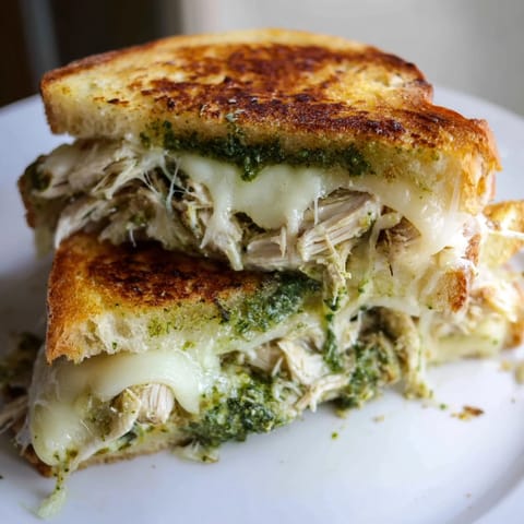 Mozzarella pesto chicken grilled cheese stacked with melted cheese and basil on buttery sourdough.