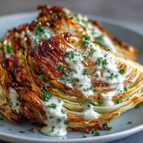 Tender roasted cabbage wedges with vibrant green herbs and tahini sauce.