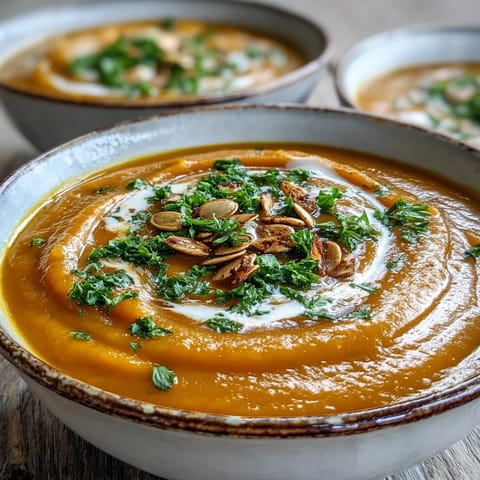 Creamy Butternut Squash Soup, velvety and warmly spiced, garnished with seeds.