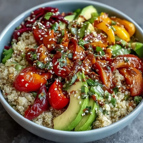 Colorful, healthy Rainbow Buddha Bowl overflowing with fresh produce and nutty seeds.