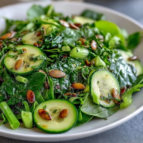 Vibrant Glowing Green Salad photo shows crisp, colorful vegetables tossed in zesty lemon vinaigrette.