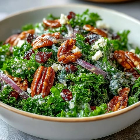Warm Kale Salad with Maple Mustard Dressing, showing tender greens and crunchy nuts.