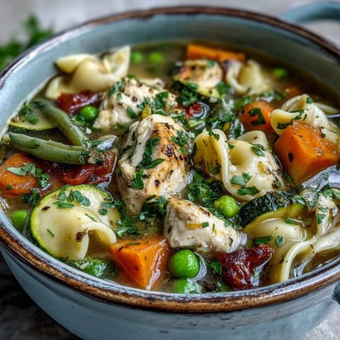 Hearty bowl of Pasta Soup With Chicken and Vegetables served with crusty bread on the side and a sprinkle of fresh parsley for garnish.