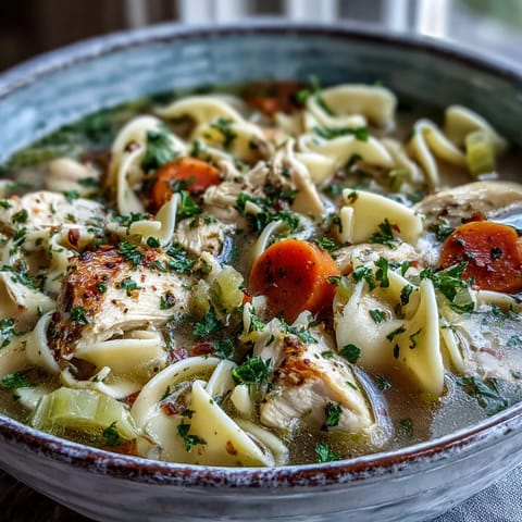 Hearty Chicken Noodle Soup simmering in a pot, featuring wide egg noodles, fresh herbs, and diced vegetables.