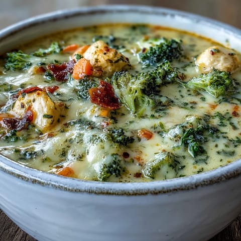 Tender chicken and broccoli florets swimming in a rich, creamy cheddar broth.