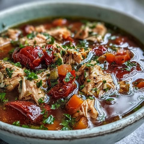 Close-up of Italian-inspired Tuna and Tomato Soup featuring flaked tuna and tender vegetables in a rich, aromatic broth.