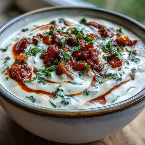 Smooth white bean soup with tomato and diced tomatoes, served with crusty bread on the side.