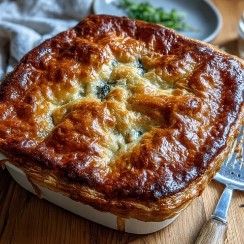 Freshly baked Chicken and Leek Pie with golden, flaky pastry and bubbling creamy filling, served warm for cozy dinners.