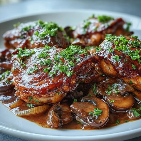 Fork-tender Coq au Vin Rosé served in a shallow bowl, garnished with fresh parsley alongside buttery potatoes.