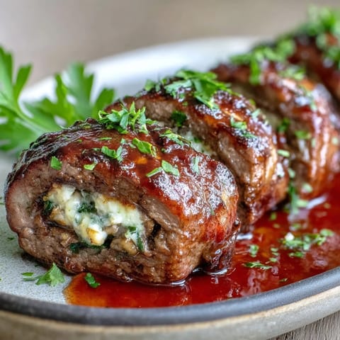 Tender Sicilian-Style Braciole rolls sliced to reveal a filling of pecorino, raisins, and pine nuts.