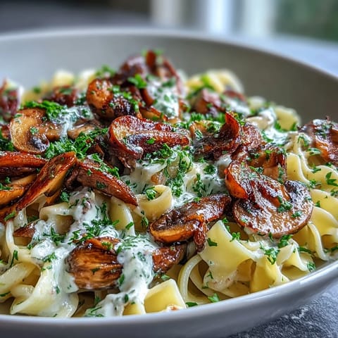 Creamy Mushroom Stroganoff served over fettuccine, garnished with fresh parsley and cracked black pepper.