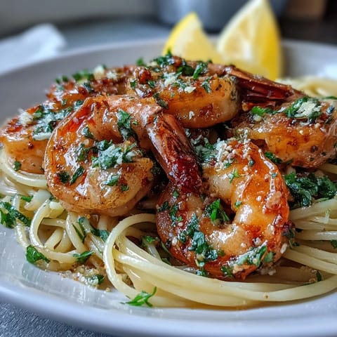 Garlic and white wine Shrimp Scampi With Linguine glistens in a skillet, garnished with fresh parsley and lemon wedges.