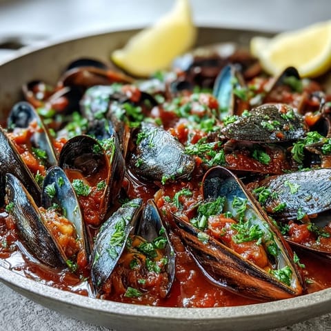 Smoky Mussels Pomodoro simmered in a rich tomato sauce, served with lemon wedges and rustic bread.