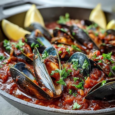 Vibrant Smoky Mussels Pomodoro in a skillet, garnished with fresh parsley and ready for dipping.