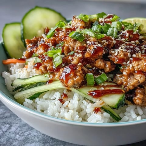 Bang Bang Ground Turkey Rice Bowls feature tender turkey and crisp veggies topped with creamy chili sauce and sesame seeds on fluffy rice.