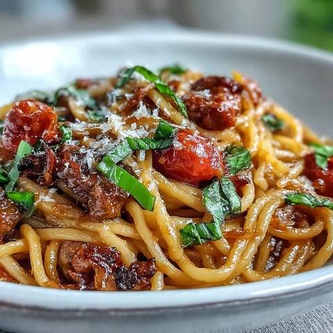Steaming Italian Drunken Noodles twirl with spicy sausage, sweet tomatoes, and fresh basil in a rich red wine sauce.