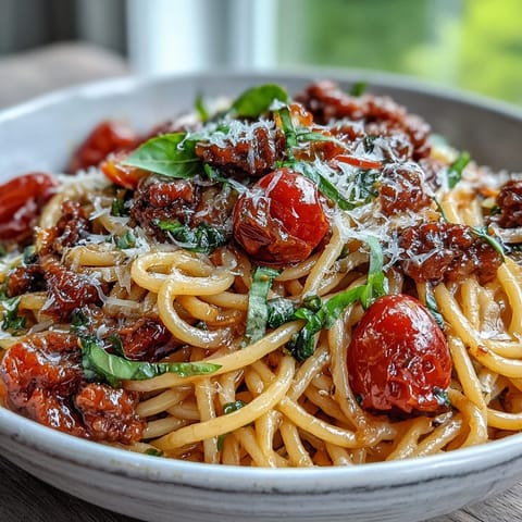 Shimmering Italian Drunken Noodles feature plump shrimp, garlic, and onions in a bold, wine-infused tomato sauce, topped with Parmesan.