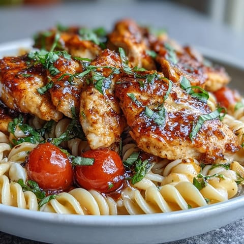 Sliced golden chicken and al dente penne shine in this Bruschetta Chicken Pasta, tossed with juicy tomatoes, fresh basil, and melty mozzarella.