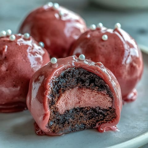 Vibrant pink Oreo Truffle Balls lined on a parchment sheet, their smooth candy coating catching the light before setting.