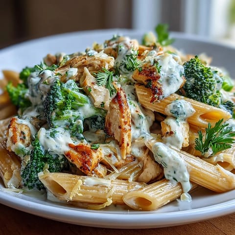 Creamy High Protein Rotisserie Chicken Broccoli Pasta with bright green florets and tender shredded chicken in a skillet.