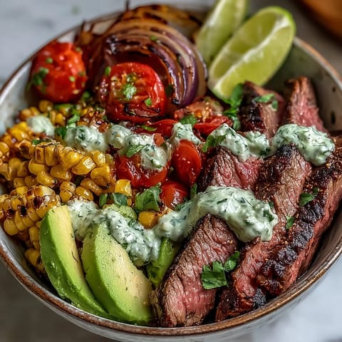 Perfectly grilled steak slices fan over a bowl of fluffy rice, charred roasted corn, and creamy avocado slices, all drizzled with vibrant green cilantro cream sauce.