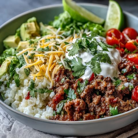 Freshly seasoned ground beef, cauliflower rice, and colorful toppings fill a bowl for a Low Carb Burrito Bowl.