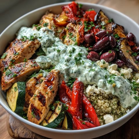 Healthy Grilled Mediterranean Bowl with charred zucchini, bell peppers, and eggplant served over fluffy quinoa with a creamy tzatziki drizzle.