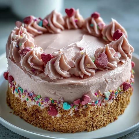 Freshly sliced Candy Hearts Fake Cake shows a creamy, pink-tinted cheesecake layer on a graham cracker crust, topped with conversation hearts.
