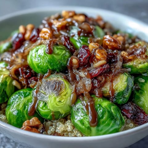 Golden caramelized Brussels sprouts and red onion top fluffy quinoa in a roasted Brussels sprouts bowl, drizzled with balsamic dressing.