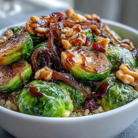A wholesome vegetarian dinner featuring a hearty roasted Brussels sprouts bowl, garnished with toasted walnuts and tart dried cranberries.