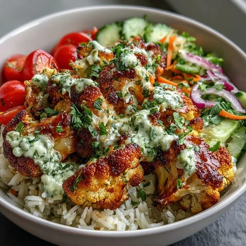 Vibrant bowl of roasted cauliflower, spinach, tomatoes, and carrots over rice, finished with tangy lemon tahini dressing.
