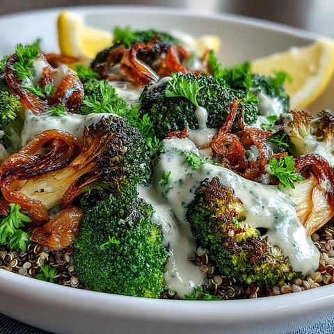 Roasted Broccoli Bowl garnished with fresh parsley and avocado slices, served over warm grains with lemon wedges on the side.