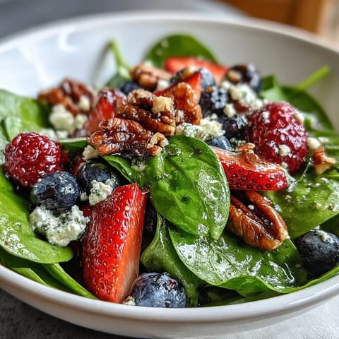 Fresh baby spinach, mixed berries, and creamy goat cheese tossed in a tangy vinaigrette in a white bowl. Perfect for a light lunch.