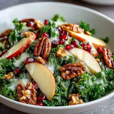 Freshly massaged kale topped with crisp apple slices, ruby red pomegranate seeds, and crunchy walnuts tossed in a tangy apple cider vinaigrette.