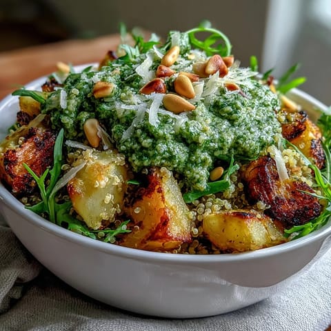 Hearty Arugula Pesto Bowl with fluffy quinoa and roasted cherry tomatoes, served fresh.
